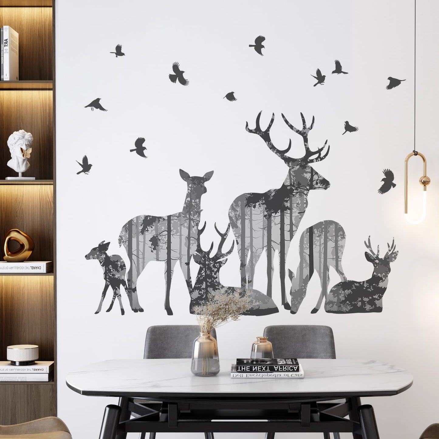 DRWSSR 2 Sheets Forests Silhouette Animals Wall Decals Removable Wild Elk Tree Wall Decals Peel and Stick Vinyl Birds Wall Art Decor for Children Nursery Bedroom Living Room Wall Corner Decor