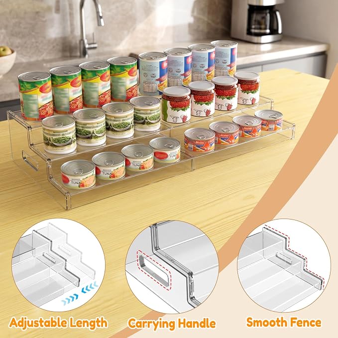 Yecuip Expandable Can Rack Organizer for Pantry, 3-Tier Adjustable Can Storage Holder, Holds Up to 24 Cans, Acrylic Canned Food Organizer for Pantry, Cabinet, Countertop, Kitchen