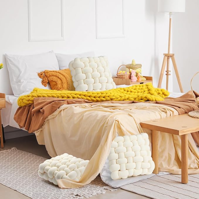 Wenqik 2 Pcs Knot Pillows Square Knotted Plush Throws Soft Accent Pillows Decoration Cushion for Couch Home Office Living Room Bedroom Bed Sofa Decor, 12'' x 13''(Ivory,Crystal Velvet)