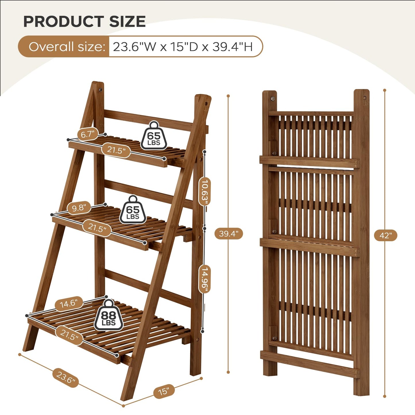 39.4" Bamboo Ladder Shelf Plant Shelf, 3 Tier Foldable Ladder Flower Pot Display Shelf Rack, 23.6"W x 15"D x 39.4"H, Freestanding Bookshelf for Garden, Balcony, Yard, Patio, Lawn, Living Room, Walnut