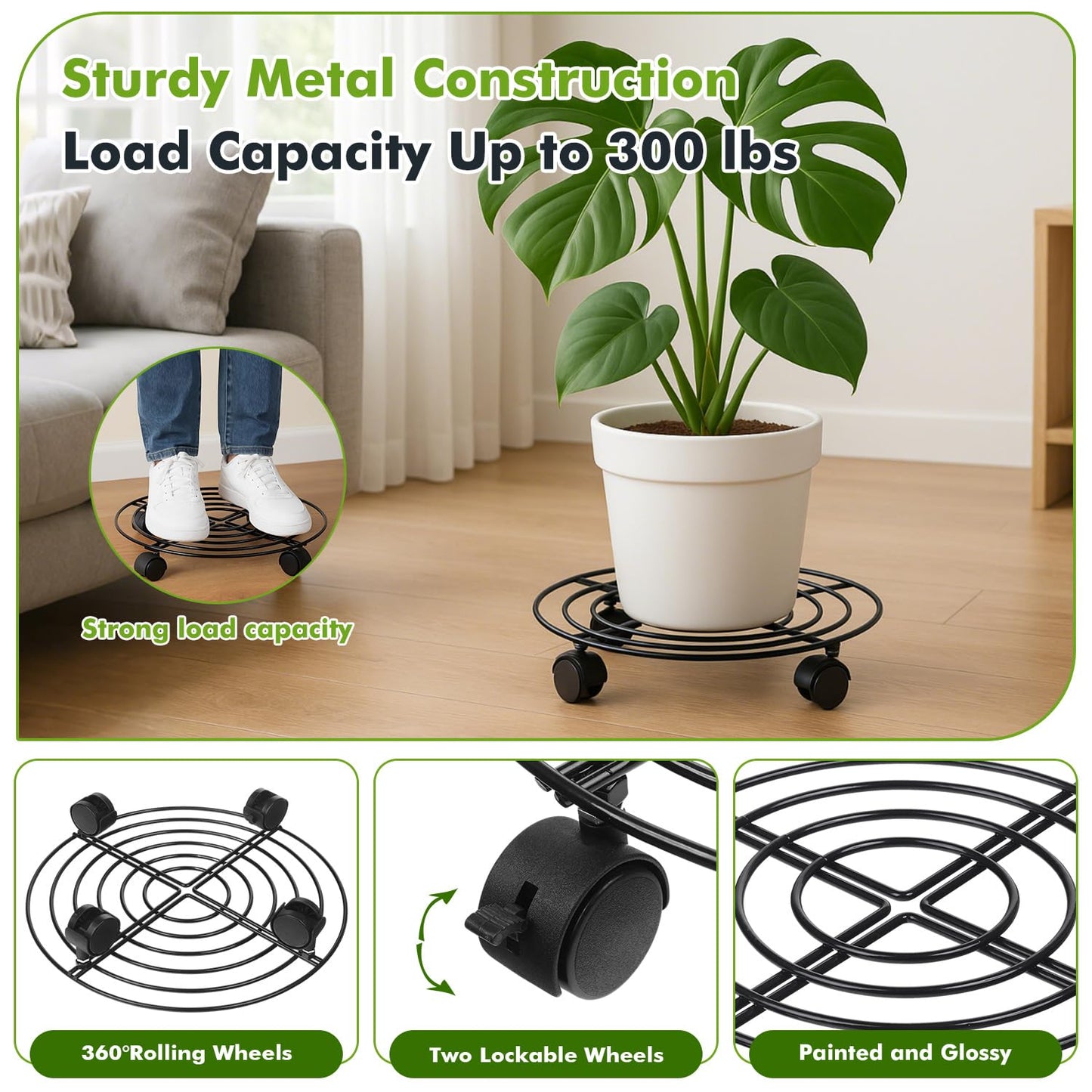 Planterhoma 3 Packs Large Metal Plant Caddy 13 Inches Plant Dolly with Wheels Heavy-duty Iron Rolling Plant Stand with Casters for Indoor Outdoor Flower Pot Mover Rollers Black Wheeled Plant Colaster