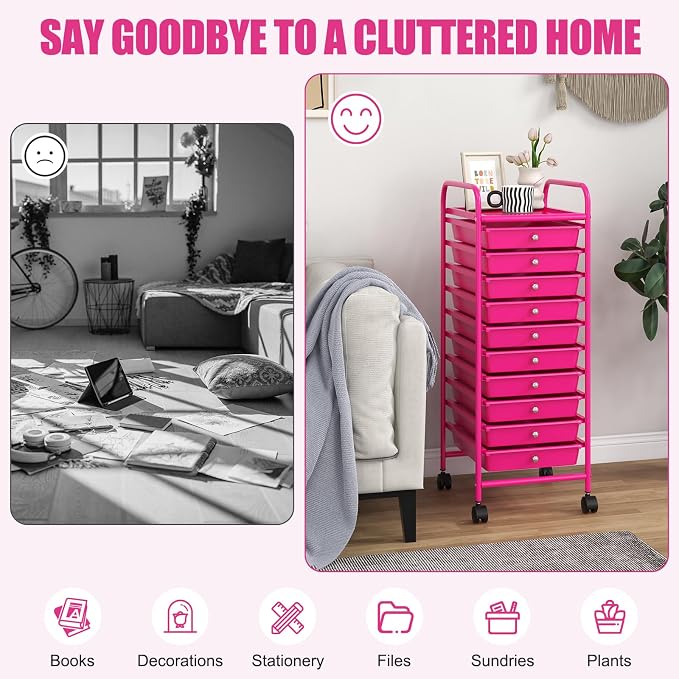 COSTWAY 10-Drawer Rolling Storage Cart, Utility Mobile Trolley with Removable Drawers & Universal Casters & 2 Brakes, Versatile Flexible Drawer Organizer Cart for Home, Office, Hot Pink