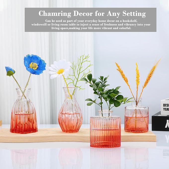 Mapoxy Glass Bud Vases Set of 4,Small Orange Flower Vases for Wedding Centerpiece Table Decorations,Clear Vintage Embossed Mini Vases,Flower Arrangements in Vases for Party or Home Decor