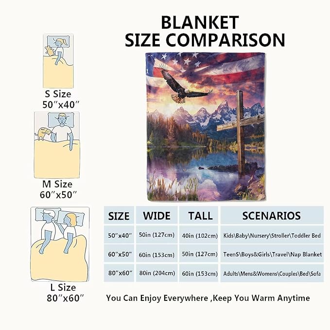 Spirit of Freedom Majestic Eagle Blanket,American Flag Cross Patriotic Throw Blankets,Gifts for Adults,Lightweight Soft Fleece,for Sofa Couch Bed Room Travel,Birthday Christian Decor,50x60in