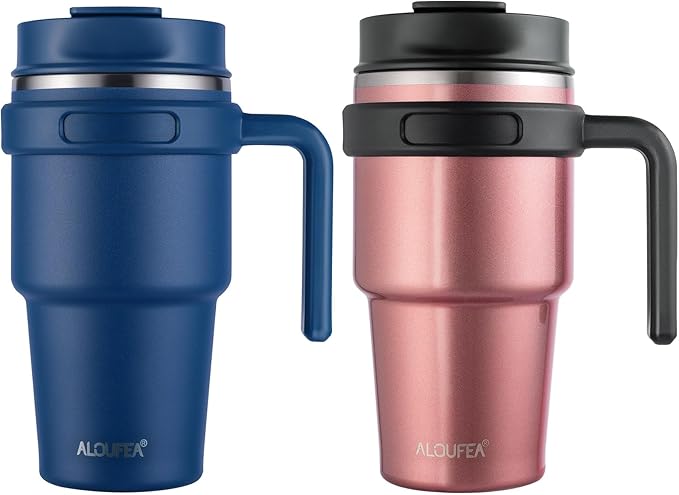 20 oz Insulated Coffee Mug Tumbler with Handle, Stainless Steel Travel Mug Tumbler with Lid and Straw,Double Wall Vacuum Leak Proof Ice Coffee Thermal Cup, Navy/Rose Gold
