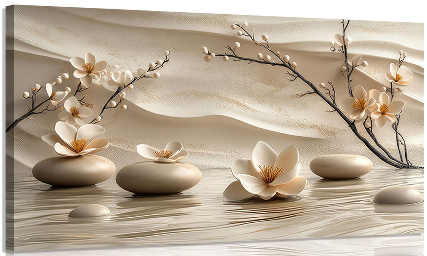 FEACFQKJ Zen Canvas Wall Art White Lotus Wall Decor Print Artwork Lotus Flowers Bloom Stones Spa Painting Pictures for yoga meditation room decoration 16x32in