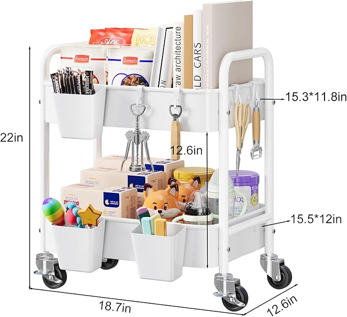 2 Tier Small Rolling Cart Metal with Wheels, White Under Desk Storage Cart on Wheels, Short Utility Roller Caddy Carts Organizer for Art,Craft,Pantry,Bathroom, Two Tiered Shelf Trolley, 22 Inches Tall