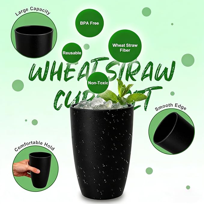 Wheat Straw Large Cup Set of 6, Unbreakable 20 OZ Tumbler, Alternative to Plastic Reusable Cups for Kitchen & Outdoor, Stackable Drinking Glasses, Dishwasher Safe Cup Set, Black
