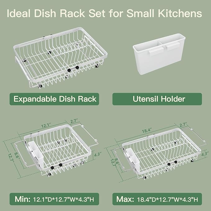 MAJALiS White Dish Drying Rack Over The Sink, Expandable Stainless Steel Dish Drainer for Small Kitchen Counter Space Saving, RV Compact Plate Strainer in Metal with Hanging Adjustable Utensil Holder