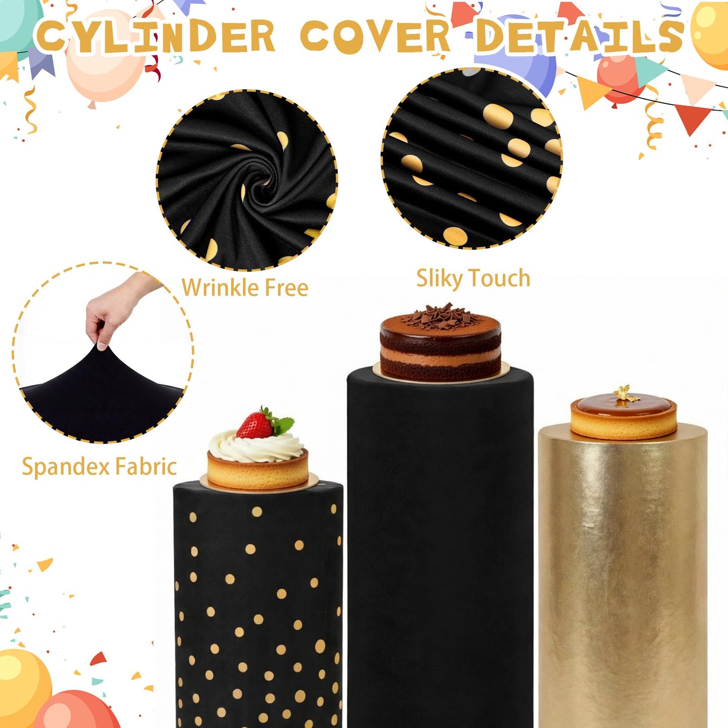 Tigeen 3 Pcs Cylinder Pedestal Stand Covers for Party Cylinder Pedestal Covers Decoration Elastic Pillars Plinth Display Cover for Birthday Wedding Baby Shower Table Decor(Classic,Gold and Black)