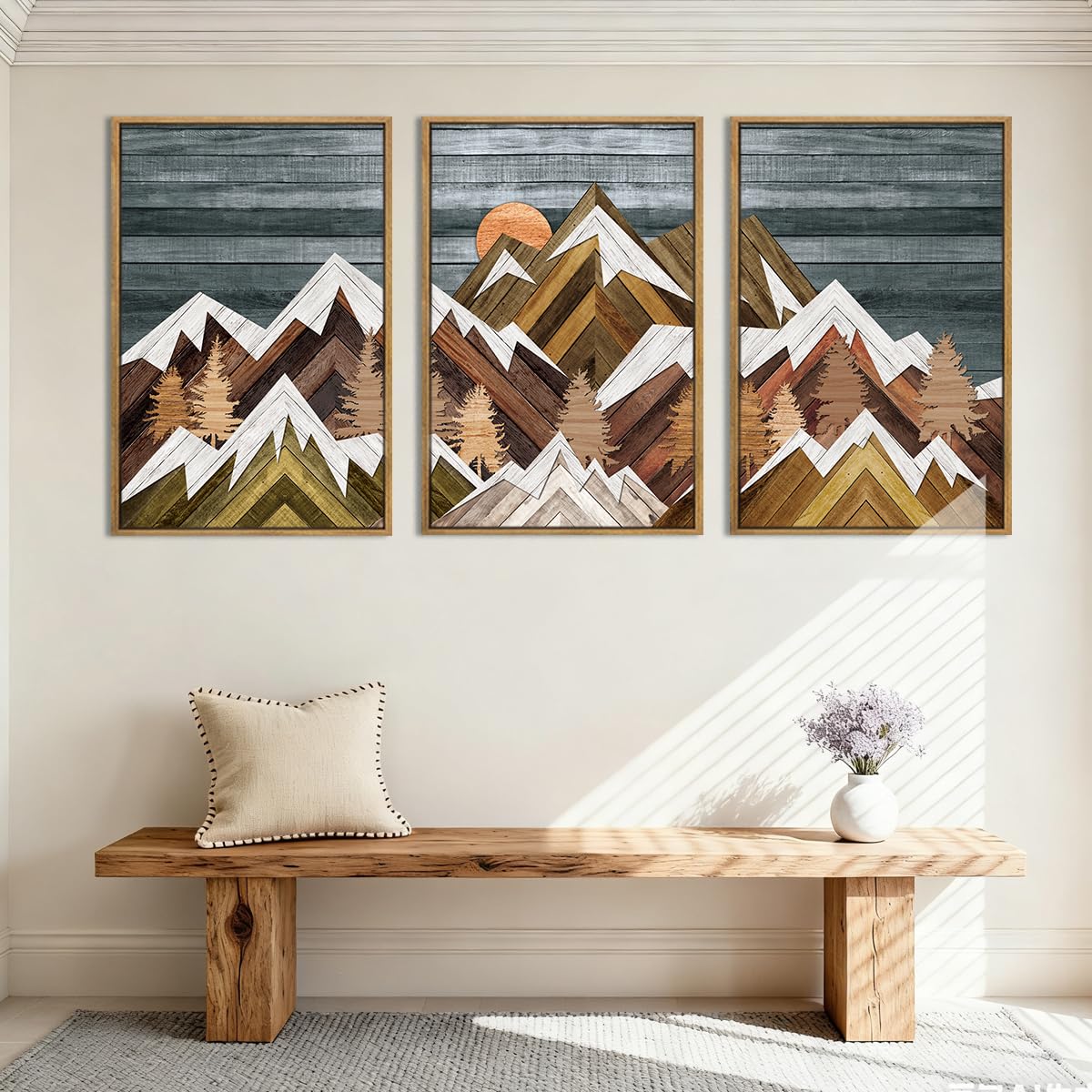 BINCUE Extra Large Mountain Wall Art Farmhouse Mountain Wall Decor Large Landscape Artwork 24x36 Inches Set of 3 Framed Rustic Painting Boho Mountains Artwork for Living Room Bedroom Office