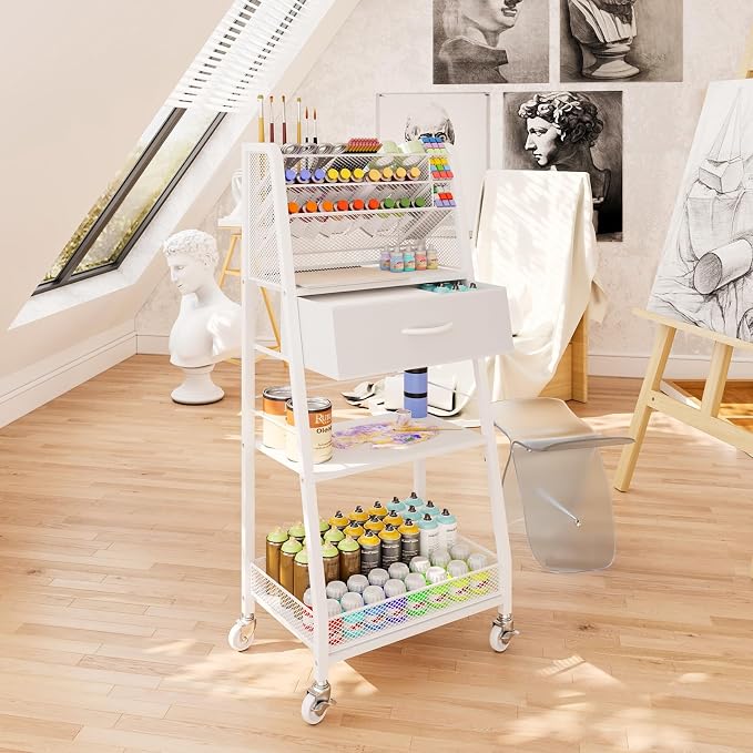 Homsorout 3 Tier Rolling Cart - Metal Utility Cart with Storage Drawer and Wheels, Versatile Art & Craft Organizer for Home, Office, or Studio - Ideal for Storing Brushes, Paints, and Supplies（White）
