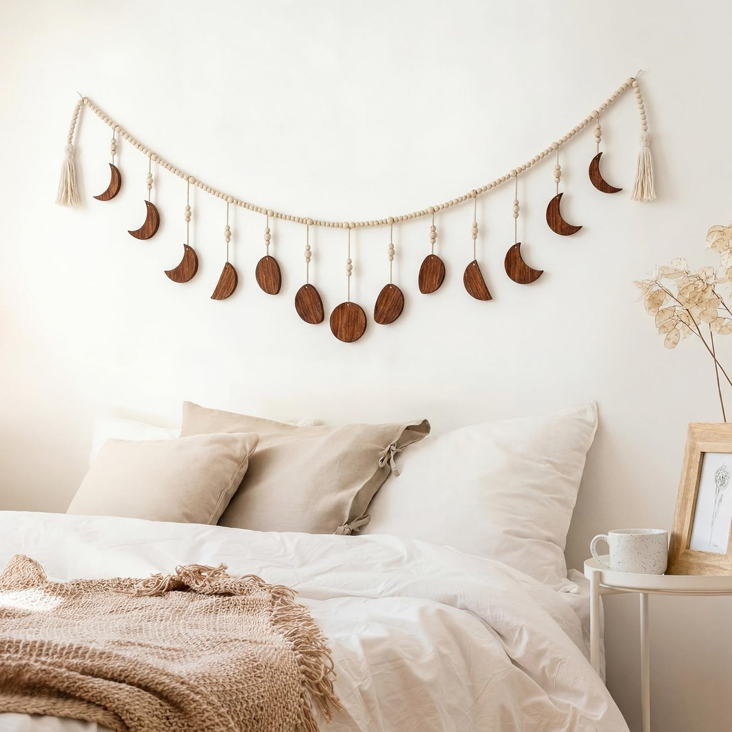 RattanView Moon Phase Wall Decoration Boho Wood Beaded Home Hanging Decorations with Tassel Phases the Celestial Moon Gold Wall Art for Bedroom Bohemian Astrology Witchy Dorm Living Room