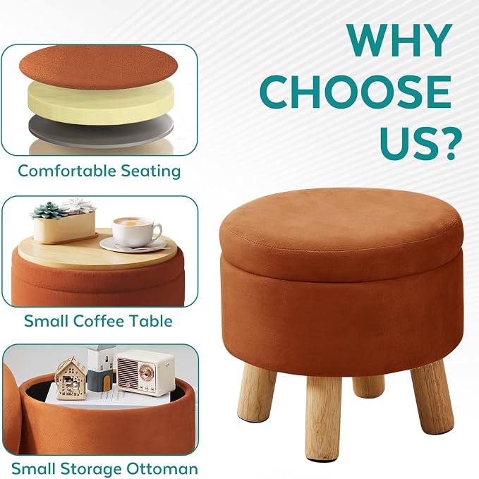 Small Foot Stool Ottoman with Storage, Velvet Ottoman Foot Rest for Couch, Round Footstool with Storage, Small Ottomans and Footstools for Living Room and Entryway (Orange)