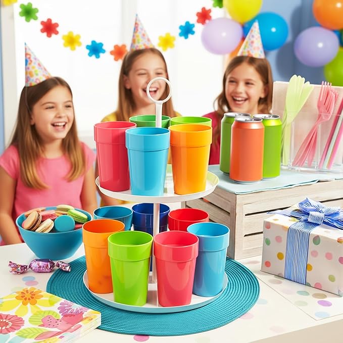 US Acrylic Spectrum Unbreakable Plastic 10 ounce Stackable Juice Tumblers in 8 Assorted Colors | Set of 16 Kids Drinking Cups | Reusable, BPA-free, Made in the USA, Top-rack Dishwasher Safe