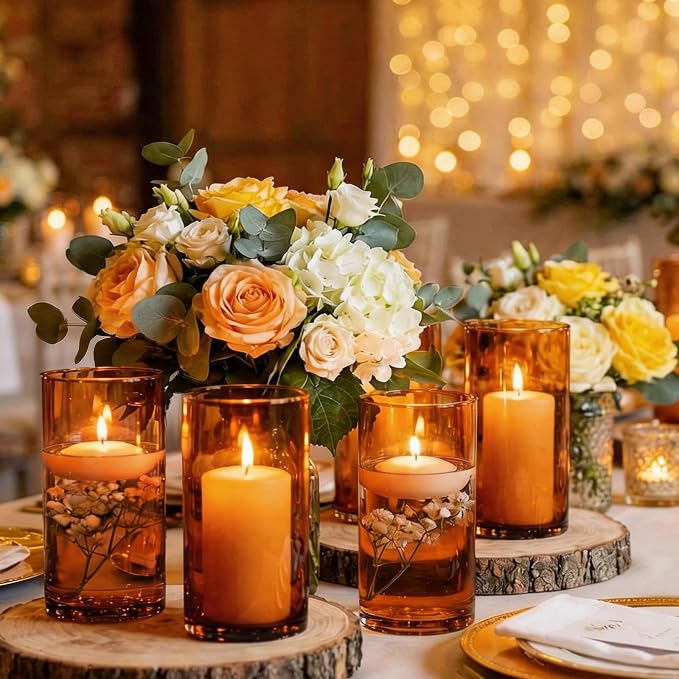 TBWIND 12pcs Amber Glass Cylinder Vases for Centerpieces, 6 Inch Bulk Flower Vases for Wedding Decorations, Hurricane Candle Holder for Floating Candles and Table Home Decor