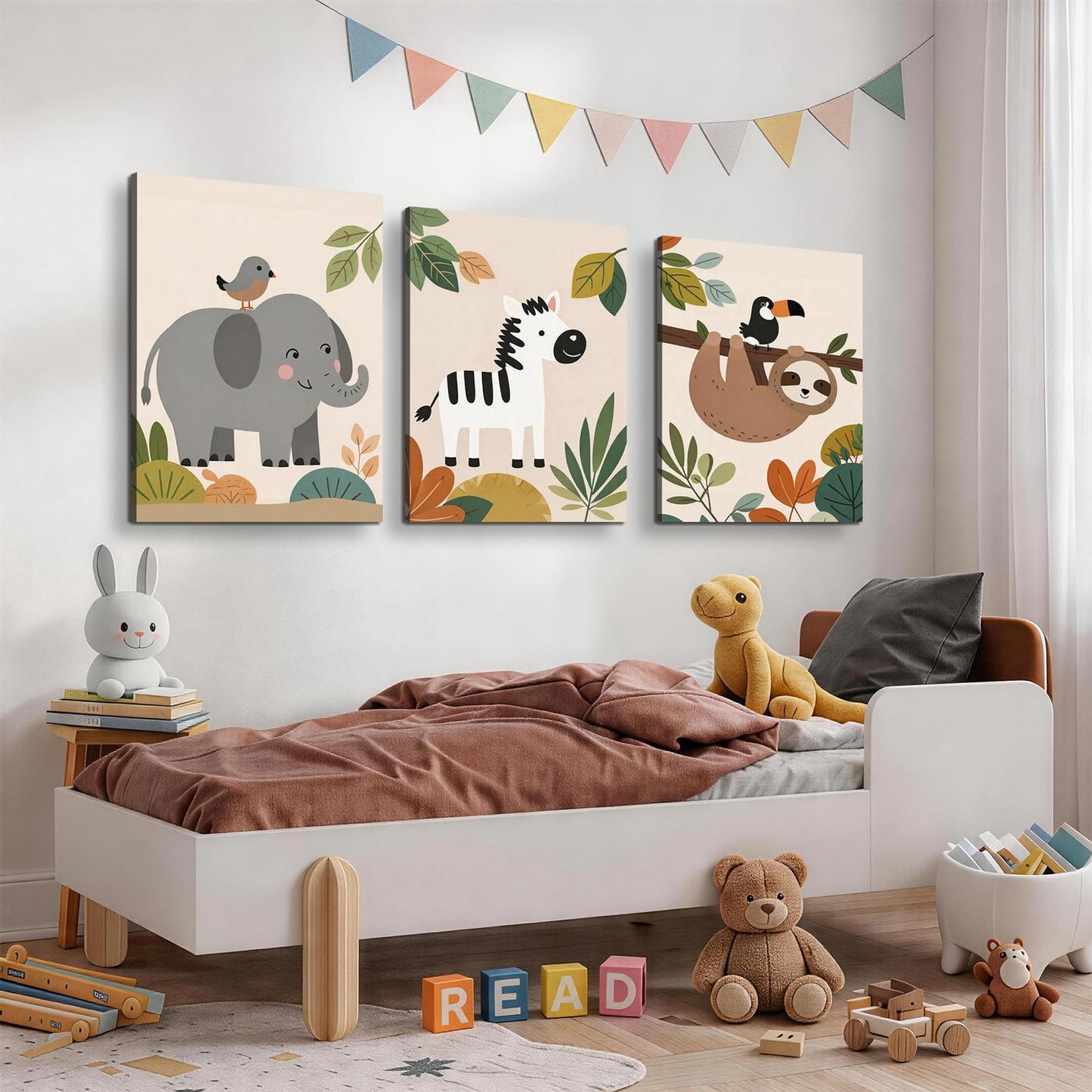 TYPTEK Nursery Wall Art Decor Set of 3,Boho Jungle Animals Whimsical & Educational Canvas Prints for Kids Room Playroom Baby Bedroom, Framed Ready to Hang,16x12 Inch