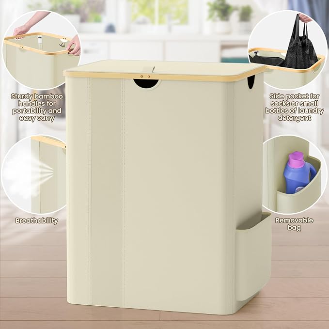 BlissTotes Laundry Basket with Lid, 150L Clothes Laundry Hamper with Handles and 2 Removable Laundry Bag, Breathable Design Hamper with Lid for Bedroom, Bathroom, Dorm, Laundry Room - Beige