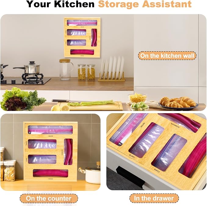 Bag Storage Organizer Compatible with Ziploc | Gallon, Quart, Sandwich & Snack Sized Slider Bags,Bamboo Organizer For Drawer,13.7"L*11.8H"*3.1W"