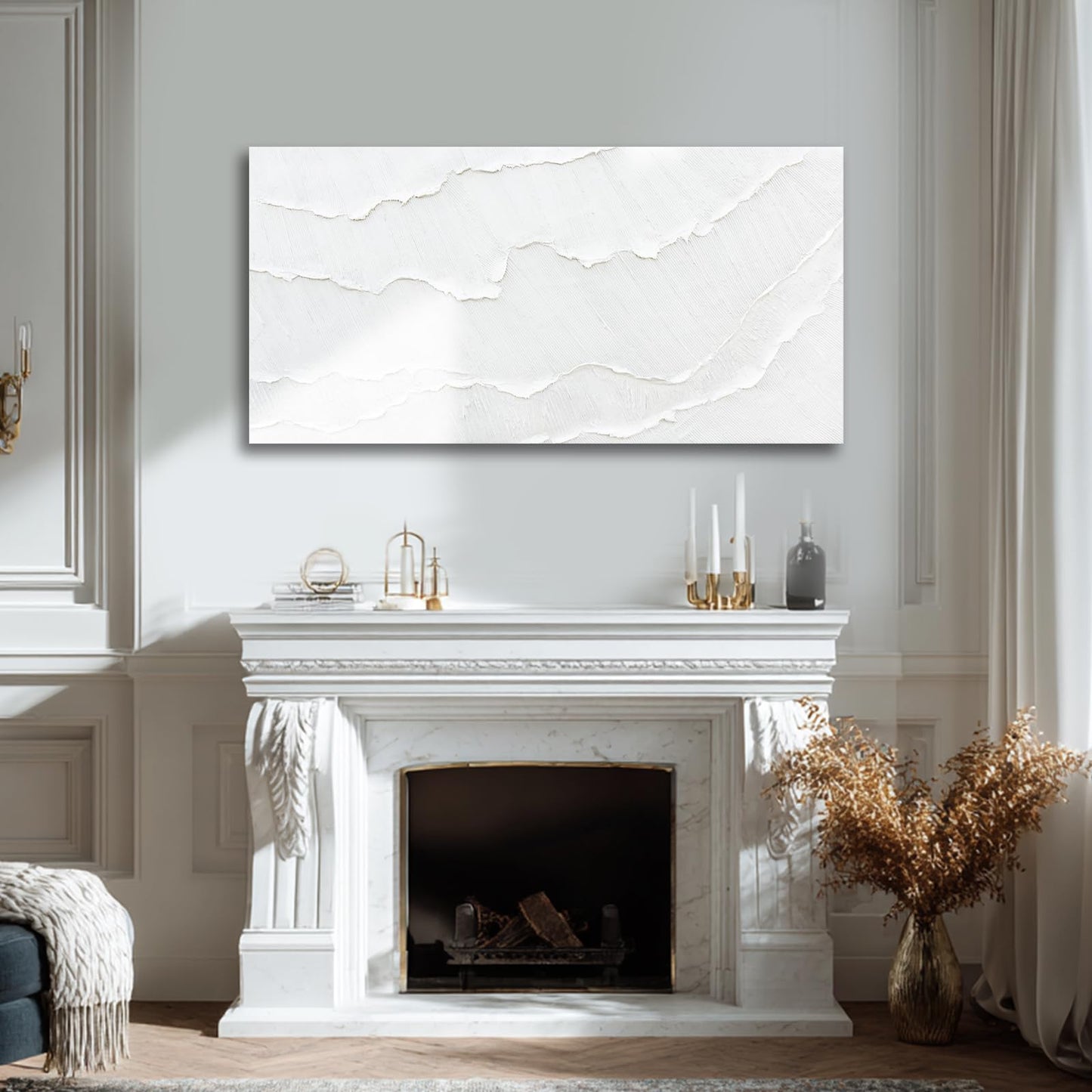 WINKAILIN White Abstract Textured Wall Art Modern 24x48 inch Canvas Ocean Wave Artwork Minimalist Hand-drawn Painting Contemporary White Posters Print for Living Room Bedroom Office Décor