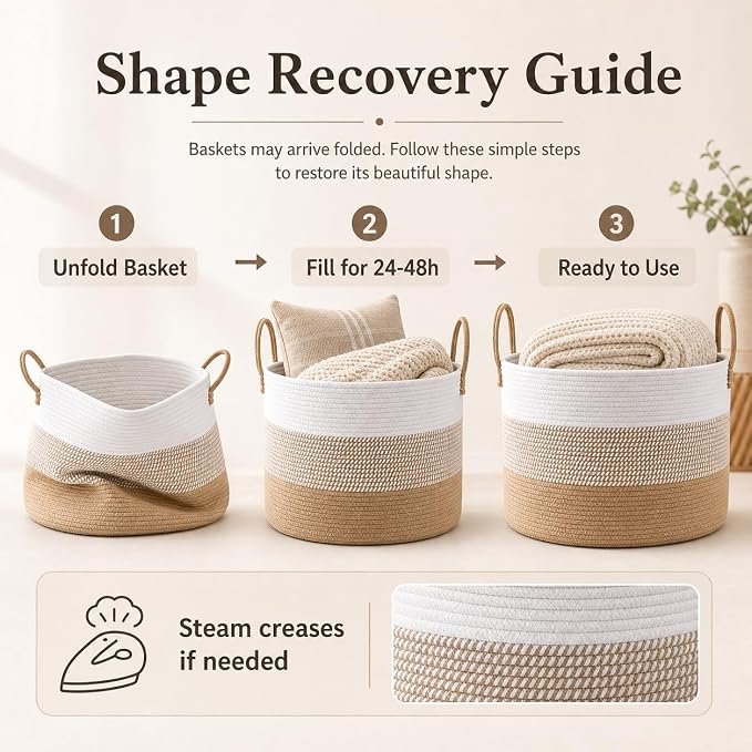JMvicyroam 65L Extra Large Blanket Basket for Living Room - Woven Cotton Rope Laundry Hamper with Reinforced Handles - Storage Bin for Pillows, Comforters & Toys - Machine Washable,White&Jute Mix