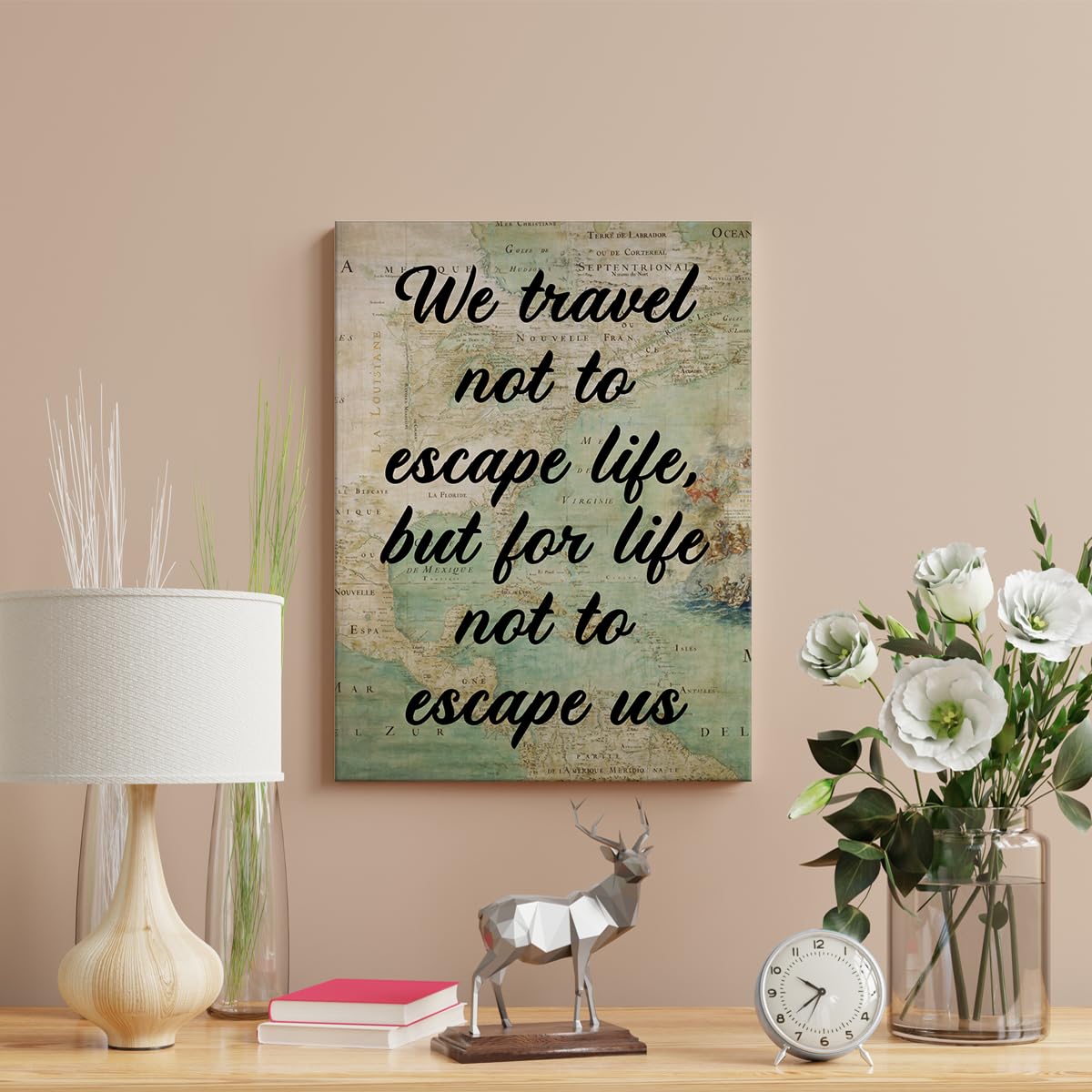Inspirational Wall Art Decor Motivational Travel Quote Poster Framed Painting Print Retro We Travel Not to Escape Life Canvas Artwork for Home Office Decor 12 X 15 Inch