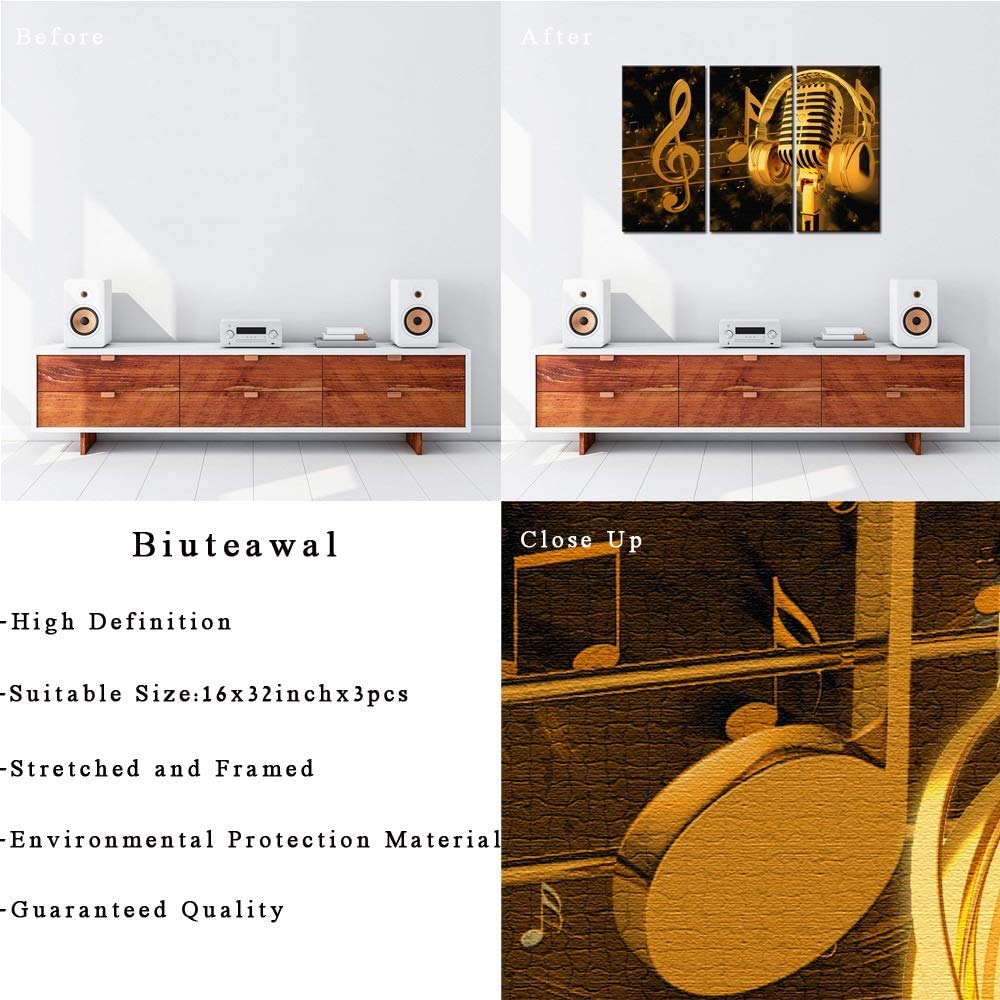 Biuteawal - Music Artistic Paintings Wall Art Gold Metal Microphone and Headset Note Picture Canvas Giclee Print Modern Home Studio Decor Stretched and Framed Ready to Hang