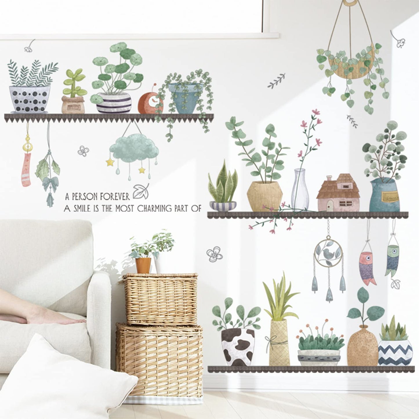 Arawat 2 Set Plant Wall Decals Kitchen Stickers Decor Murals for Bedroom Living Room Bathroom Art Decal Boho Hanging Shelves Tree Wall Art 3D Peel and Stick
