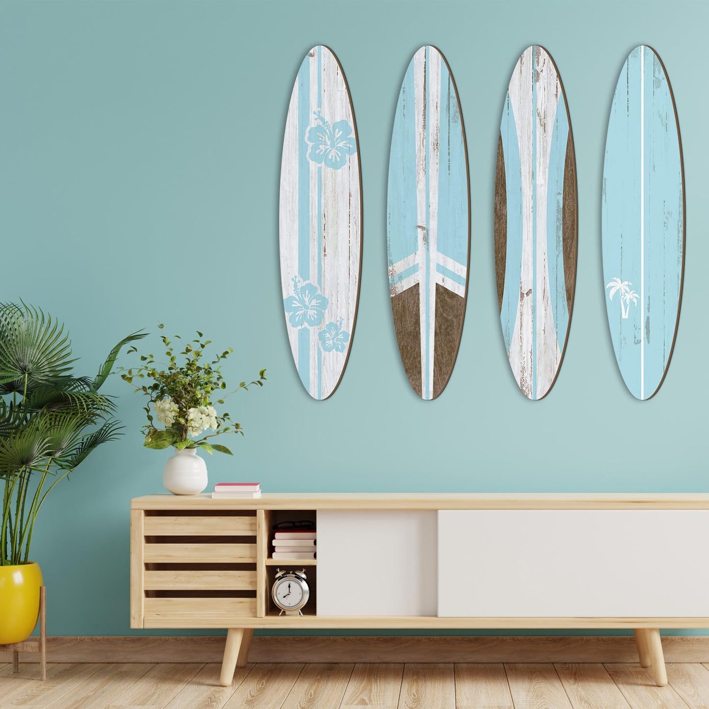 Threan 4 Pcs Large Surfboard Wall Decors Girls Boys Wooden Beach Room Decor 23.6" x 5.4" Preppy Surf Board Hanging Signs Aesthetic Tropical Wall Art for Bedroom Living Room Bathroom Decors(Blue)