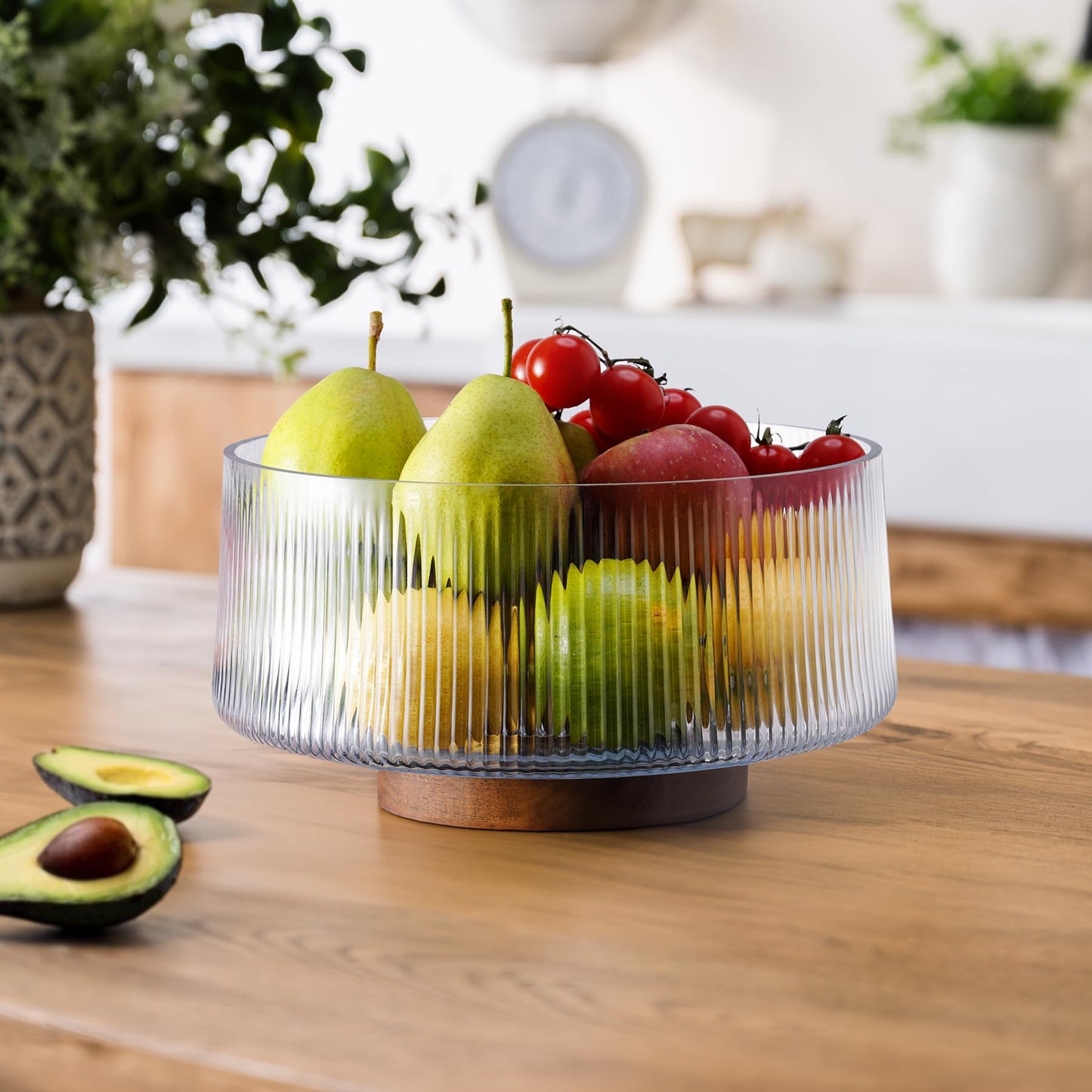 NiHome Extra Large Glass Salad Bowl with Natural Acacia Wood Base & Wooden Serving Utensils for Family Dinners, Parties, Gatherings, Multipurpose Oversized Glass Bowl for Salads(Separate-Piece Design)