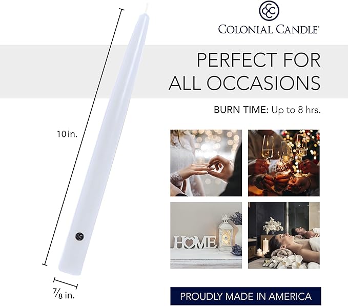Colonial Candle Handipt Taper Candle, 10 in, White 12 count