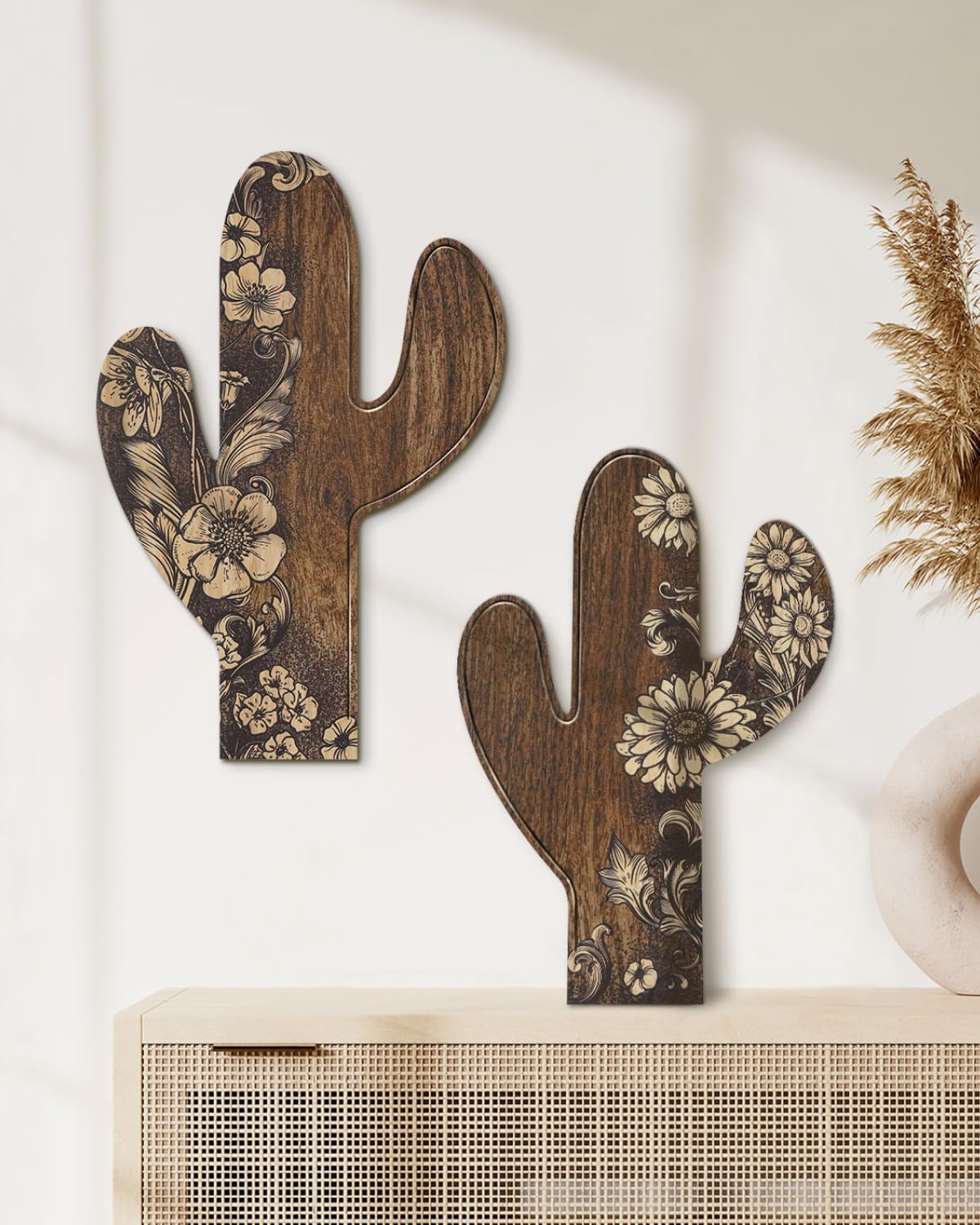Putuo Decor 2 Pieces Aztec Cactus Decor, Farmhouse Wall Decor, Rustic Flower Patterns Wood Home Decor for Living Room, Bedroom, Bathroom, Western Decor