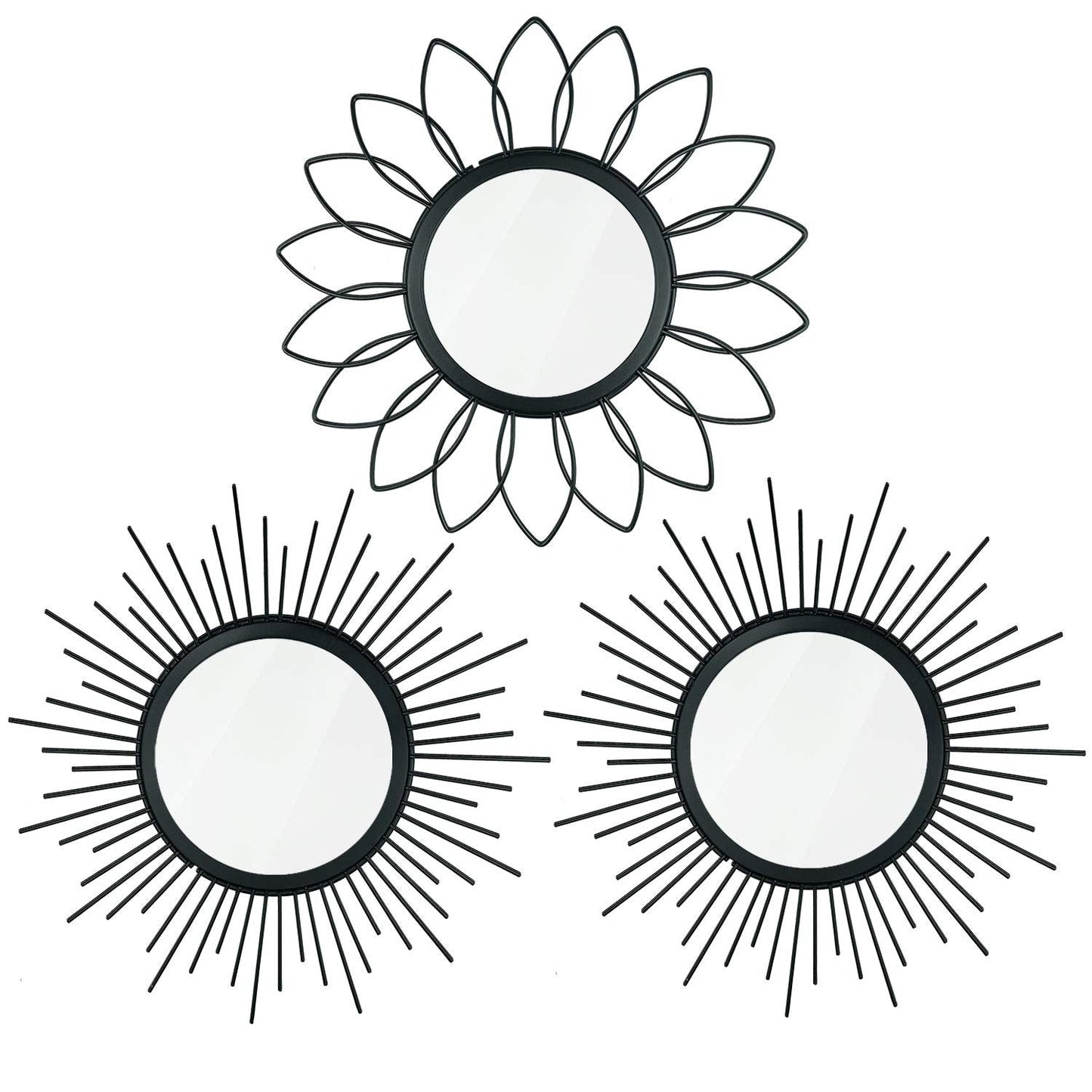 3 Pack Metal Mirrors for Wall Sunburst Wall Mirrors Home Décor Decorative Hanging Wall Art for Living Room Bedroom Entryway (Black, Flower+Sunburst)