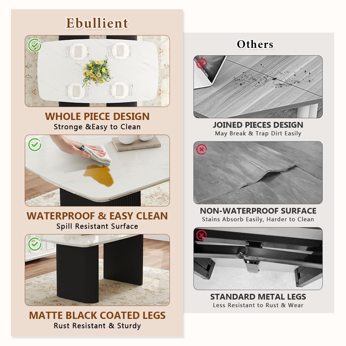 Ebullient White Marble Dining Table for 6–8, 67'' Modern Oval Kitchen Table with 3.5'' Thick White Marble-Patterned Tabletop and Matte Black Column Legs, Large Dining Room Table