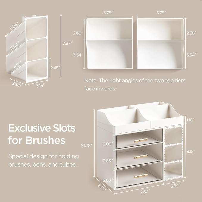 HBlife Makeup Organizer Countertop with Brush Holder, Large Bathroom Counter Organizer with Drawers, Skincare Organizers for Vanity, Plastic Dresser Organizer Storage Gift for Women Girl Mom, White