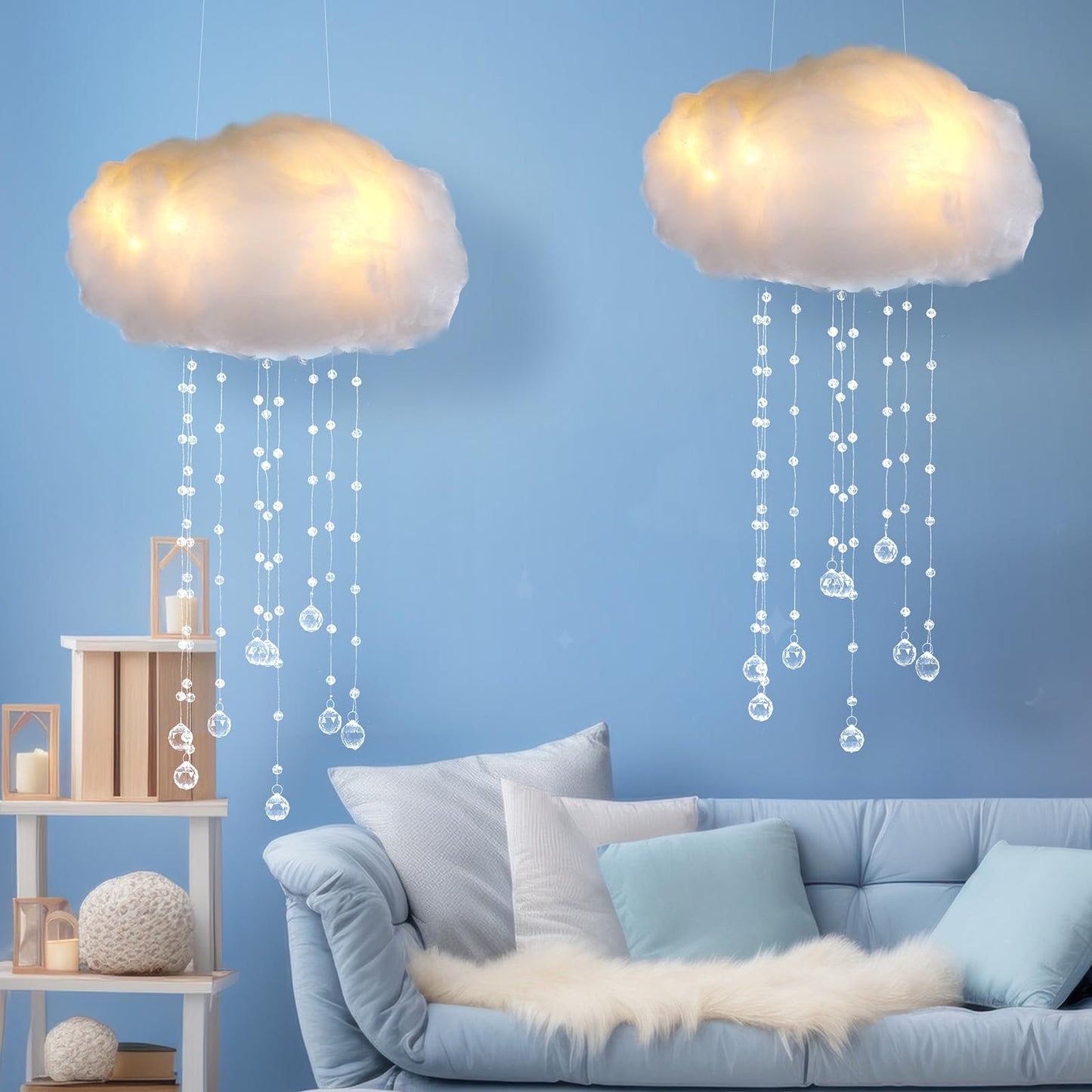 Marsui Artificial Cloud Props LED Hanging Cloud Light String Fake Imitation 3D Cotton Classroom School Decor Raindrop for Room Ceiling Baby Shower Party Wedding Nursery Classroom Wall DIY Decor(2 Pcs)