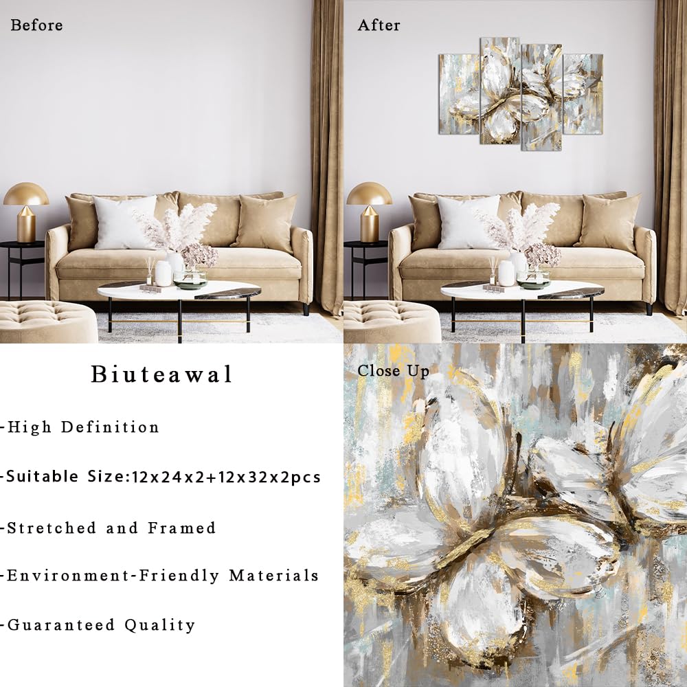 Biuteawal 4 Panel Abstract Butterfly Canvas Wall Art Cute Animal Picture Prints Modern Gold and Blue Painting Still Life Artwork Home Bedroom Living Room Decor Gallery Wrap