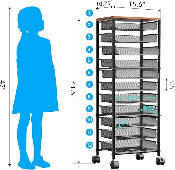 Simple Trending 12-Tier Rolling File Cart, Desk File Organizer with 11 Mesh Sliding Trays, Letter & Legal Paper Storage Rolling Utility Cart for Office Home School, Black