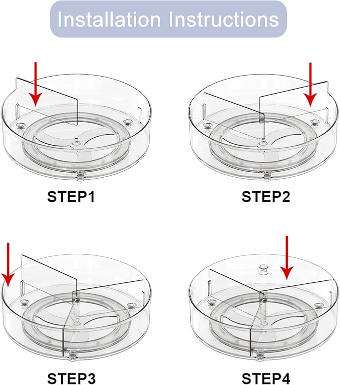 Clear Lazy-Susan Organizer with 3-Dividers - 11 Inch Divided Turntable Organizer for Cabinet, Pantry, Kitchen, Fridge, Countertop, Bathroom, Vanity