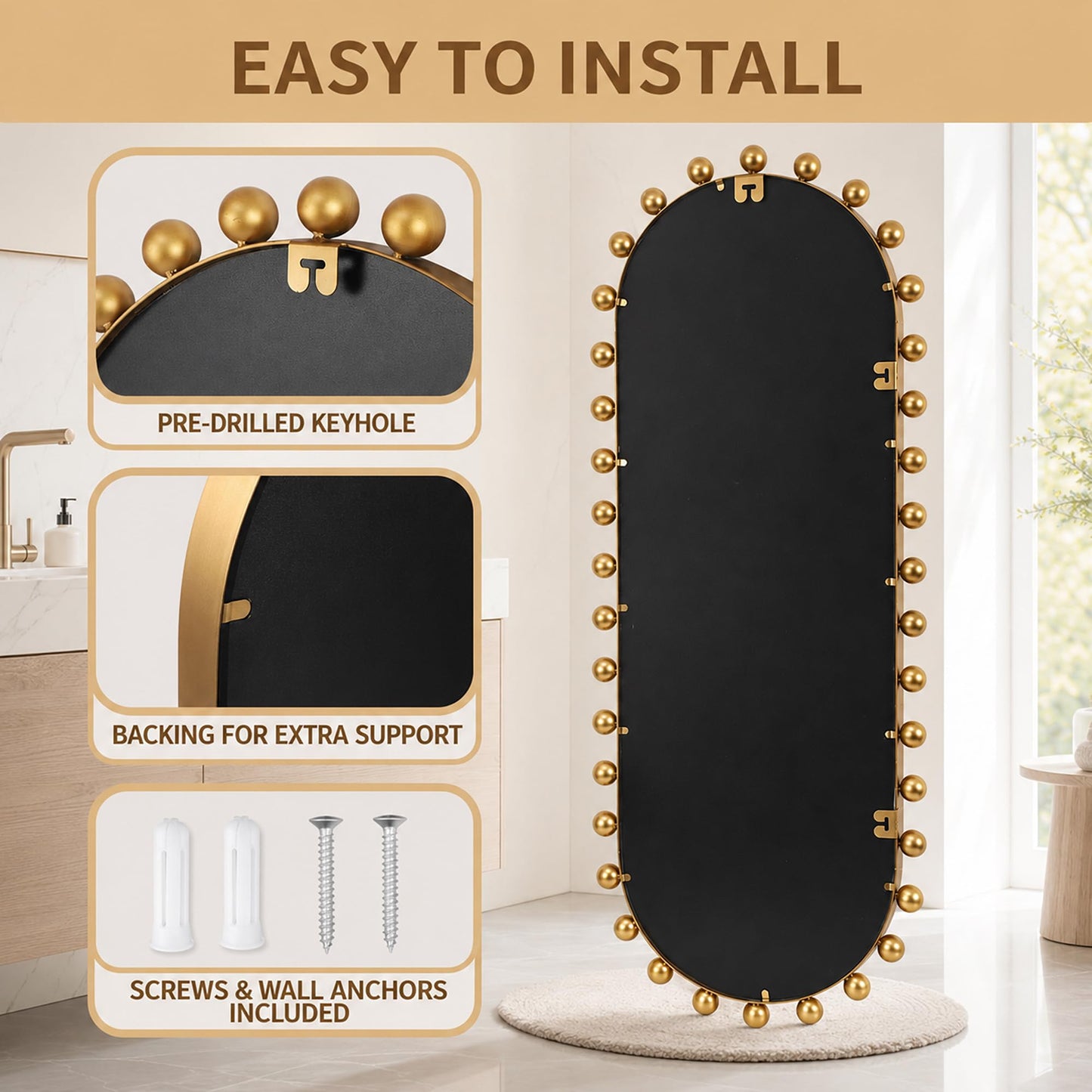 CAVINHOME Oval Full-Length Wall Mounted Mirror 20" x 51", Antique Gold Beaded Beveled Mirror with Ball Frame, Vertical & Horizontal Hanging Wall Mirror for Bathroom, Bedroom, Dressing Room, Entryway