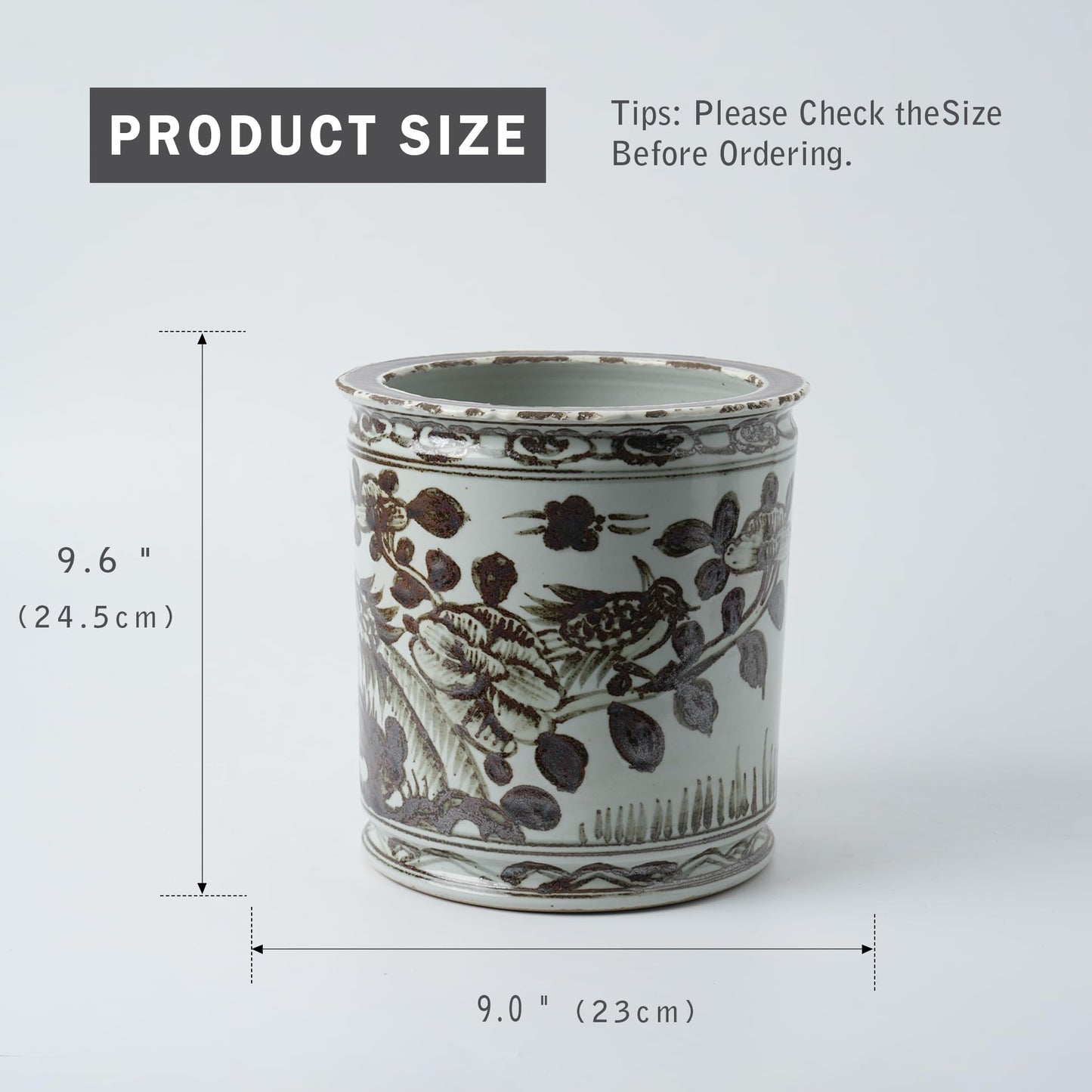 Antique Hand-Painted Flower and Bird Porcelain Pen Holder Old Style Ceramic Planter 9.7 Inch Large Plants Vase Blue & White Porcelain Silla Flower Plant Pots (Brown)