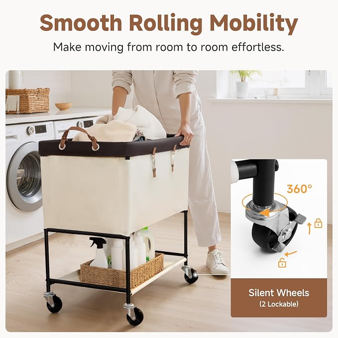StorageWorks Laundry Cart, 2 Tier Rolling Laundry Basket, Heavy Duty Laundry Basket with Lockable Wheels, Laundry Room Organization and Storage, Clothes Hamper for Bedroom, Dorm, Closet, 46Gal, Beige