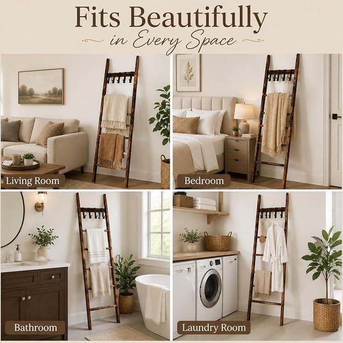 Blanket Ladder with 5 Removable Hooks, 67 Inch 6-Tier Wooden Blanket Rack, Rustic Brown Towel Ladder, Decorative Quilt Rack for Living Room Bedroom Bathroom Farmhouse Decor