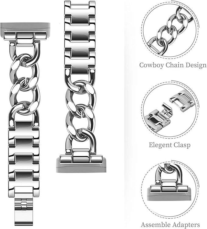 Cool Women Chain Metal Smartwatch Bands Compatible for Fitbit Sense/Fitbit Versa 3 Bands for Dressy Women, Metal Wristband Strap for Fitbit Sense 2/Versa 4