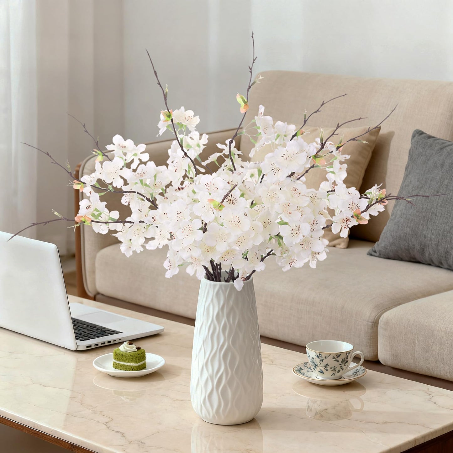 INXUGAO 12 PCS Faux Cherry Blossom Branches Decor 18.11 Inch Fake Artificial Cherry Flowers for Home Indoor Decoration Vase Arrangement Table Living Room Bedroom Spring Decor