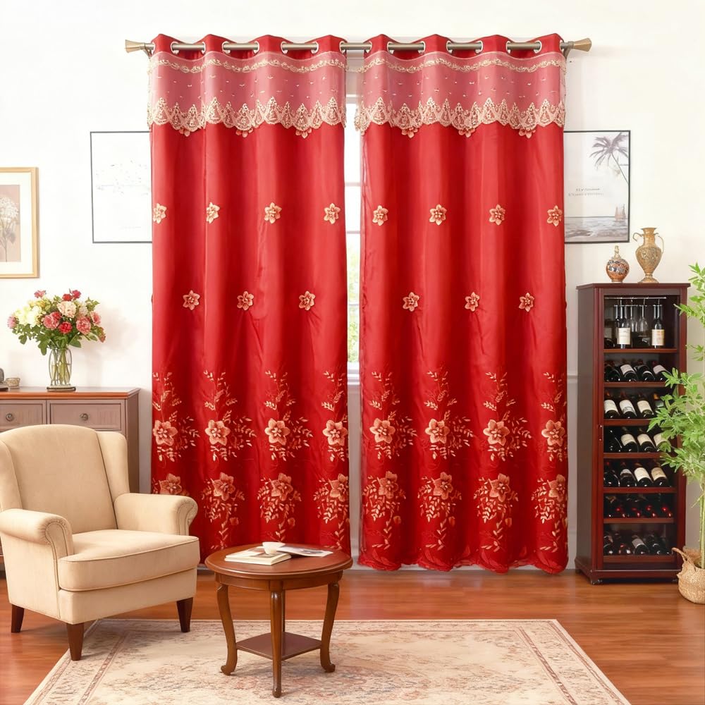 Amidoudou 1 Pair European Double Layer Curtains for Living Room Bedroom Luxury Flower Embroidered Curtains with Valance (Red,52x95 Inch)