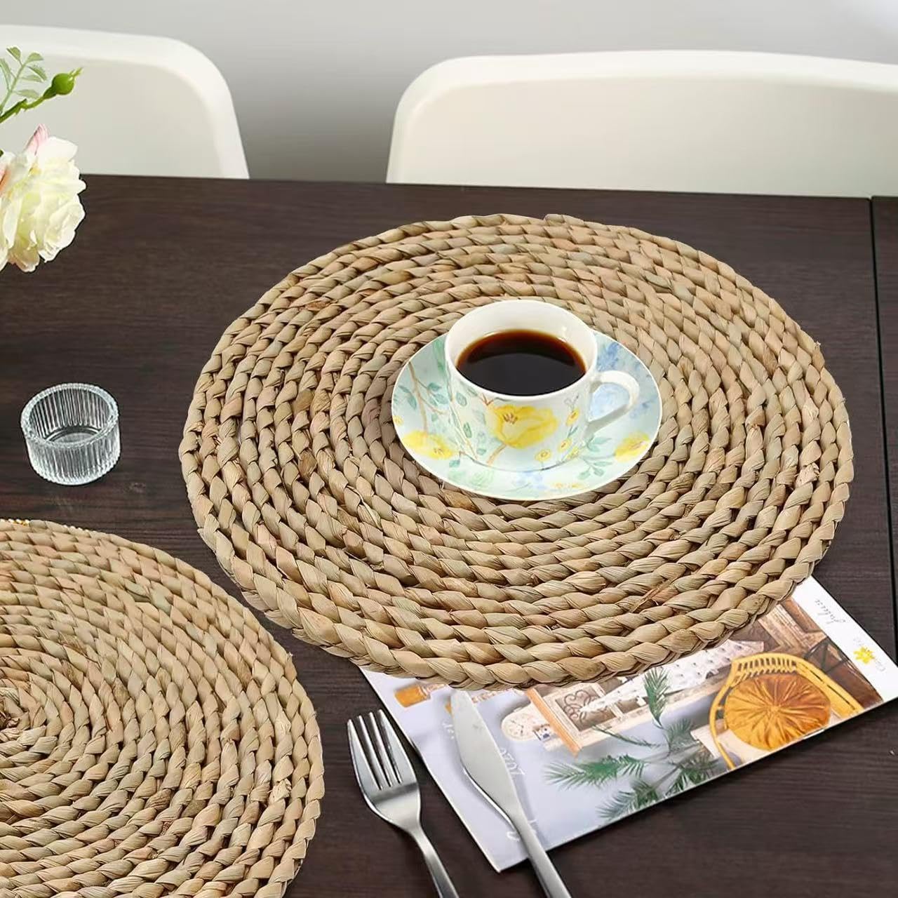 6Pcs 12" Round Woven Rattan Placemats,Natural Hand-Woven Water Hyacinth Placemats,Farmhouse Weave Place Mats,Rustic Braided Wicker Table Mats (12inch Set of 6)