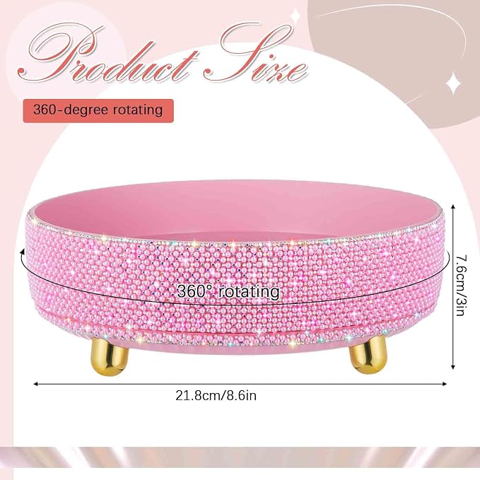 Honeydak 360 Rotating Perfume Organizer Gift for Women, Rhinestone Preppy Skincare Organizer Bathroom Counter Makeup Holder Skincare and Perfume Storage for Cosmetic(1 Tier,Pearl,Pink)