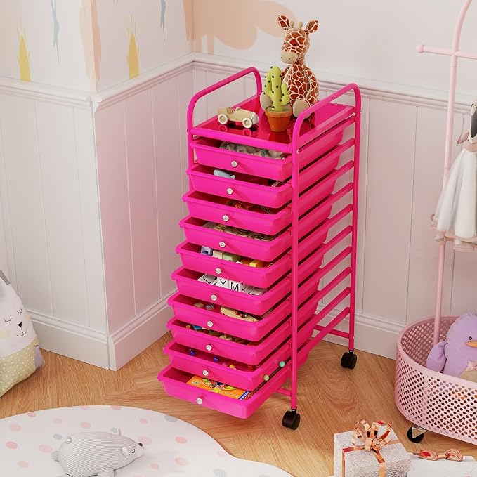 COSTWAY 10-Drawer Rolling Storage Cart, Utility Mobile Trolley with Removable Drawers & Universal Casters & 2 Brakes, Versatile Flexible Drawer Organizer Cart for Home, Office, Hot Pink