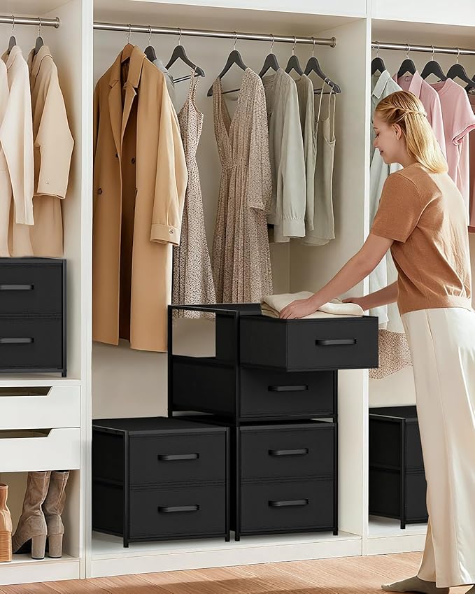 Homsorout Stackable Storage Drawers - 2 Tier Closet Organizer with Metal Frame and Handles, Fabric Dresser with Collapsible Bins for Bedroom, Dorm, Office, Black, 1 Pack